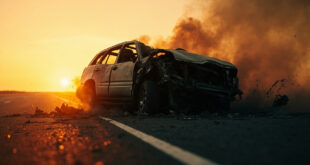 Crashed SUV wreckage on deserted Mexican highway at dawn, with debris scattered across empty road in amber light