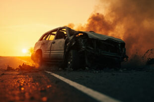 Crashed SUV wreckage on deserted Mexican highway at dawn, with debris scattered across empty road in amber light