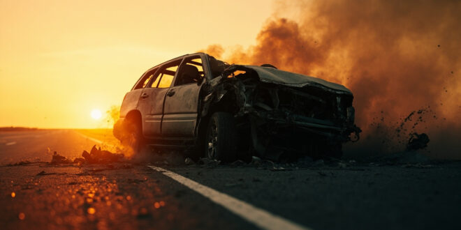 Crashed SUV wreckage on deserted Mexican highway at dawn, with debris scattered across empty road in amber light