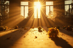 Abandoned wedding venue at dawn showing overturned chairs, scattered decorations, and reception table with wilted flowers