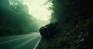 Overturned empty vehicle lies abandoned among trees on a steep, misty mountain embankment in rural West Virginia.