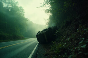 Overturned empty vehicle lies abandoned among trees on a steep, misty mountain embankment in rural West Virginia.