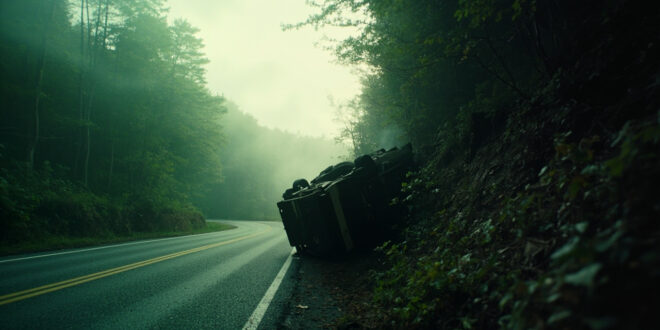 Overturned empty vehicle lies abandoned among trees on a steep, misty mountain embankment in rural West Virginia.