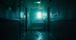 Abandoned hospital room with unmade bed in deserted psychiatric ward, dimly lit with sterile white and cold blue tones.