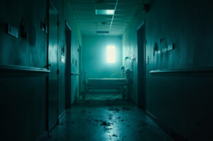 Abandoned hospital room with unmade bed in deserted psychiatric ward, dimly lit with sterile white and cold blue tones.