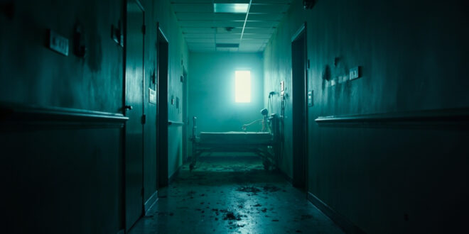 Abandoned hospital room with unmade bed in deserted psychiatric ward, dimly lit with sterile white and cold blue tones.