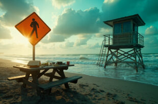 Deserted beach with warning signs and empty lifeguard station overlooking rough waters as tide approaches abandoned meal