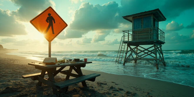 Deserted beach with warning signs and empty lifeguard station overlooking rough waters as tide approaches abandoned meal