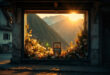 Memorial tribute with framed photograph displayed in empty furniture shop window of Alpine town storefront at dusk