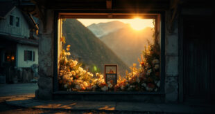 Memorial tribute with framed photograph displayed in empty furniture shop window of Alpine town storefront at dusk
