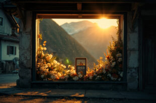 Memorial tribute with framed photograph displayed in empty furniture shop window of Alpine town storefront at dusk