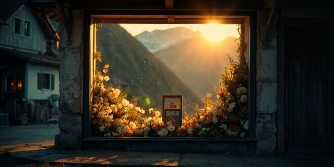 Memorial tribute with framed photograph displayed in empty furniture shop window of Alpine town storefront at dusk
