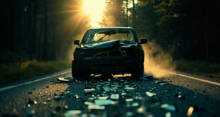 Abandoned damaged vehicle with shattered windshield on empty forest road at dusk, broken glass fragments scattered on asphalt