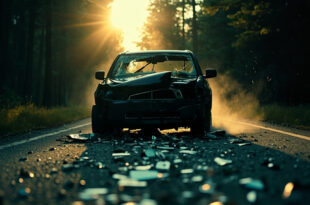 Abandoned damaged vehicle with shattered windshield on empty forest road at dusk, broken glass fragments scattered on asphalt
