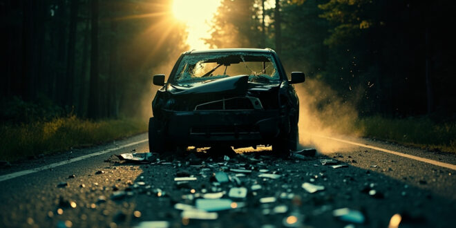 Abandoned damaged vehicle with shattered windshield on empty forest road at dusk, broken glass fragments scattered on asphalt