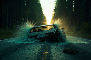 Abandoned car with shattered windshield sits on an empty forest road at dusk following wildlife collision