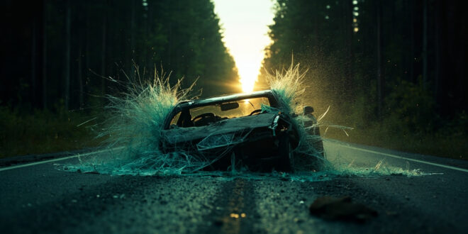 Abandoned car with shattered windshield sits on an empty forest road at dusk following wildlife collision