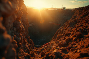 Deep abandoned excavation trench with orange safety barriers at an empty construction site at dusk