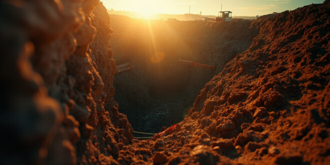 Deep abandoned excavation trench with orange safety barriers at an empty construction site at dusk