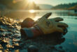 Empty goalkeeper gloves abandoned on rocky riverbank in Portuguese countryside with still water reflecting somber sky