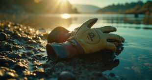 Empty goalkeeper gloves abandoned on rocky riverbank in Portuguese countryside with still water reflecting somber sky