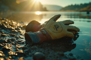Empty goalkeeper gloves abandoned on rocky riverbank in Portuguese countryside with still water reflecting somber sky