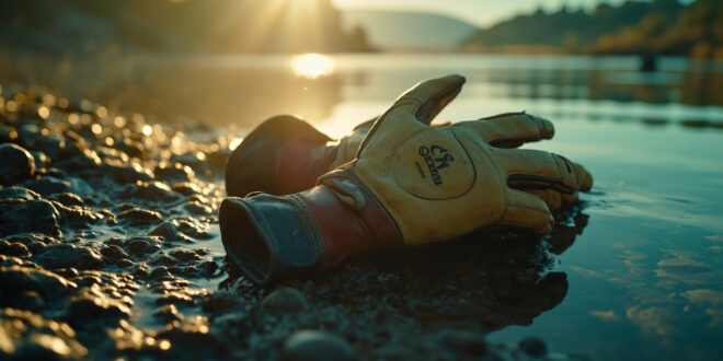 Empty goalkeeper gloves abandoned on rocky riverbank in Portuguese countryside with still water reflecting somber sky