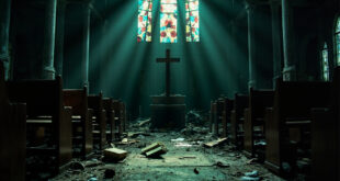 Interior of damaged Catholic church showing broken stained glass windows, scattered glass on floor, and empty wooden pews