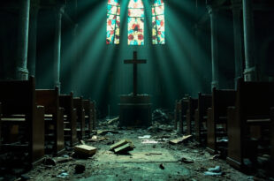 Interior of damaged Catholic church showing broken stained glass windows, scattered glass on floor, and empty wooden pews