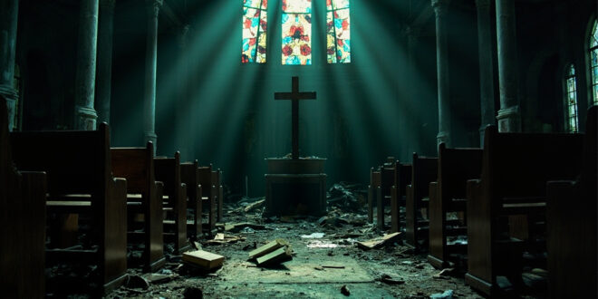 Interior of damaged Catholic church showing broken stained glass windows, scattered glass on floor, and empty wooden pews
