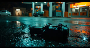 Empty police holster with broken retention mechanism lying on wet pavement under harsh streetlight