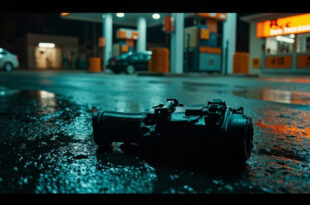 Empty police holster with broken retention mechanism lying on wet pavement under harsh streetlight