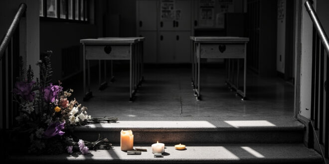 Empty wooden school desks in sunlit classroom with memorial flowers on windowsill
