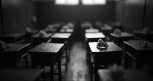 Two empty wooden school desks in a quiet classroom with small white flowers placed on each desk surface.