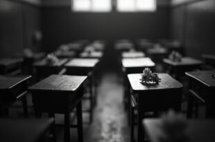 Two empty wooden school desks in a quiet classroom with small white flowers placed on each desk surface.
