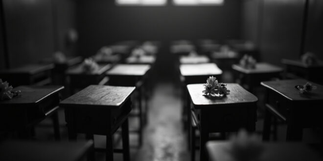 Two empty wooden school desks in a quiet classroom with small white flowers placed on each desk surface.