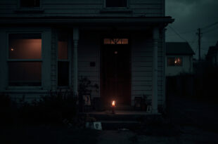 Dark residential home with closed curtains and wilted flowers on doorstep