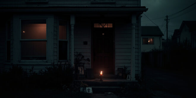 Dark residential home with closed curtains and wilted flowers on doorstep