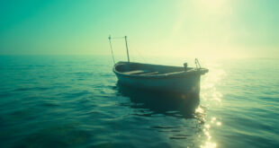 Abandoned motorboat drifting in shallow turquoise waters of New Jersey bay during afternoon light