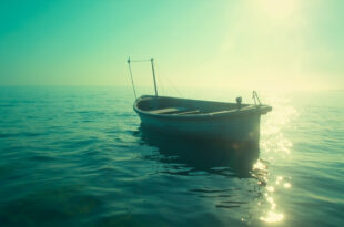 Abandoned motorboat drifting in shallow turquoise waters of New Jersey bay during afternoon light