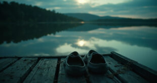 Empty shoes and abandoned belongings on a lakeside dock at dusk, suggesting a missing person tragedy