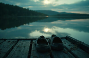 Empty shoes and abandoned belongings on a lakeside dock at dusk, suggesting a missing person tragedy