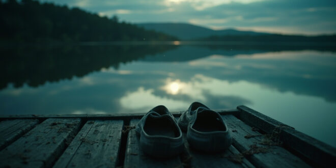 Empty shoes and abandoned belongings on a lakeside dock at dusk, suggesting a missing person tragedy