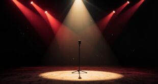 Empty spotlight illuminates abandoned microphone on deserted theater stage, casting long shadows amid dimmed crimson lights