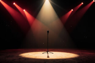 Empty spotlight illuminates abandoned microphone on deserted theater stage, casting long shadows amid dimmed crimson lights