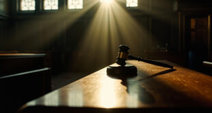 Empty courtroom with judge's gavel on bench awaiting terrorism trial in solemn courthouse interior with wooden benches