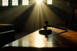 Empty courtroom with judge's gavel on bench awaiting terrorism trial in solemn courthouse interior with wooden benches