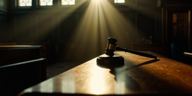 Empty courtroom with judge's gavel on bench awaiting terrorism trial in solemn courthouse interior with wooden benches