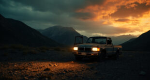 Empty pickup truck with headlights on parked near mountain trailhead in overcast lighting