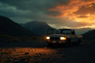 Empty pickup truck with headlights on parked near mountain trailhead in overcast lighting
